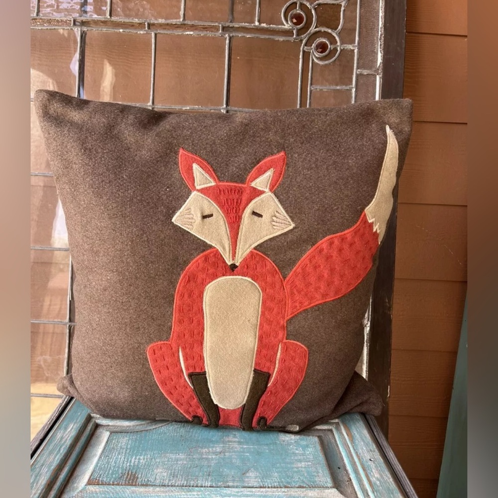 Devi Designs Fox Throw Pillow Wool Blend Embroidered Appliqué Cushion Zipper 20”